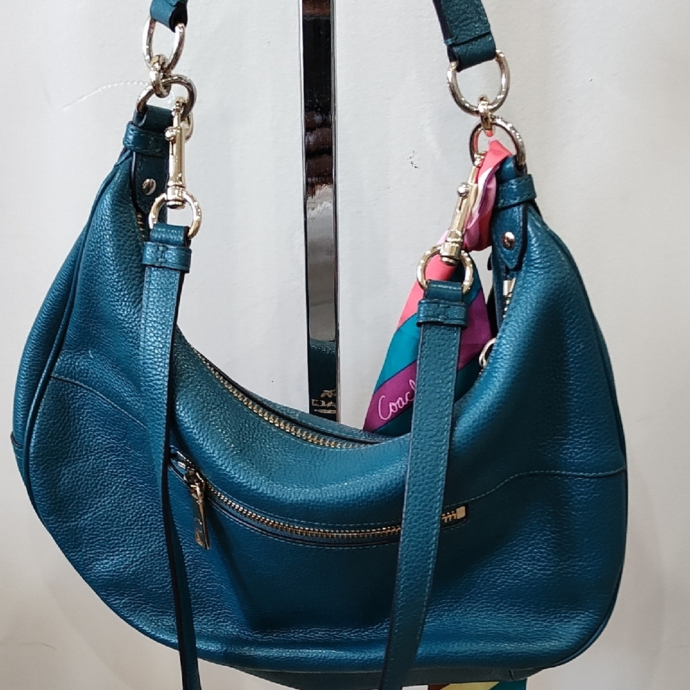 Coach Teal Leather Hobo Bag with Multicolor Scarf - Picture 2 of 6